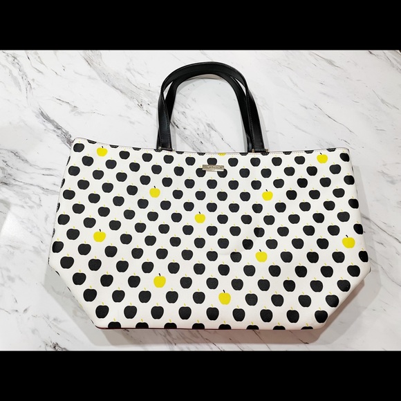 Black and Yellow Polka Dot and Apple Kate Spade Tote Large Purse - Picture 5 of 16